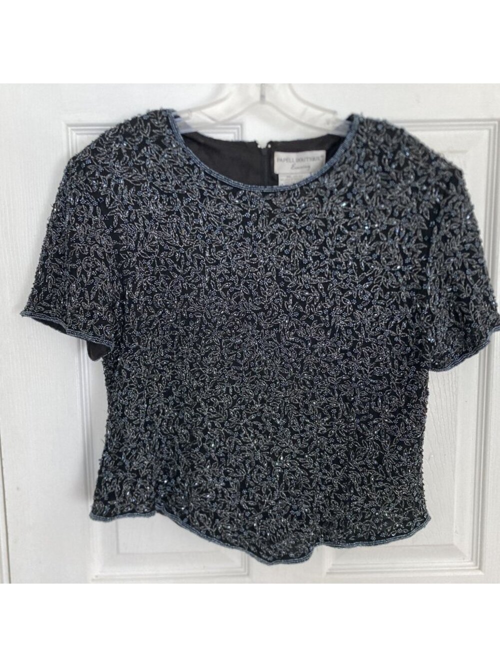 Papell Boutique Evening Black Silk Beaded Short Sleeve Top XL Formal Wear Cockta